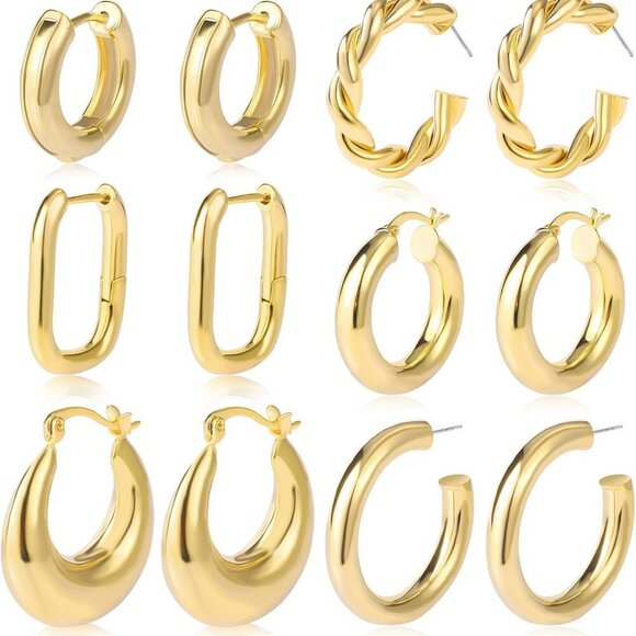 Jewelry - 6 Pairs Chunky Gold Hoop Earrings Set for Women 14K Gold Plated Hypoallergenic T